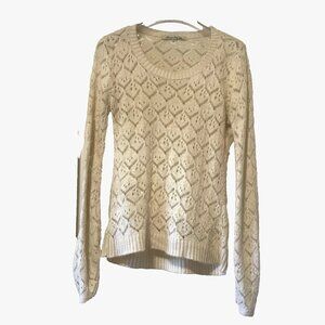 American Rag Cie Open knit fitted sweater, long sleeve scoop neck Ivory Medium